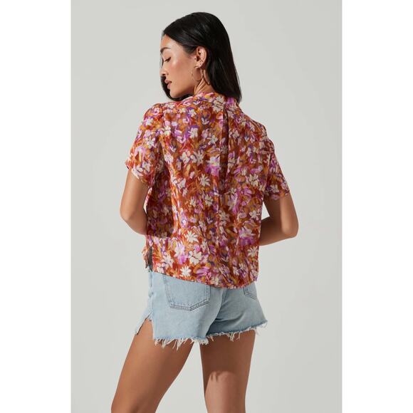 ASTR Tourist Button Down Top Rust‎ Magenta Floral Camp Collar XS - Picture 3 of 8